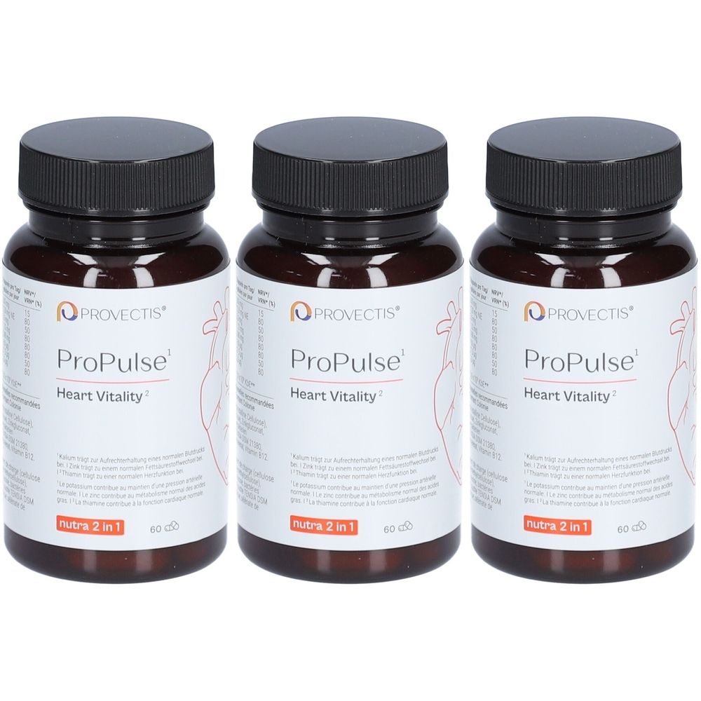 Drei braune Flaschen mit schwarzen Deckeln. Auf den Etiketten steht "PROVECTIS ProPulse Heart Vitality".