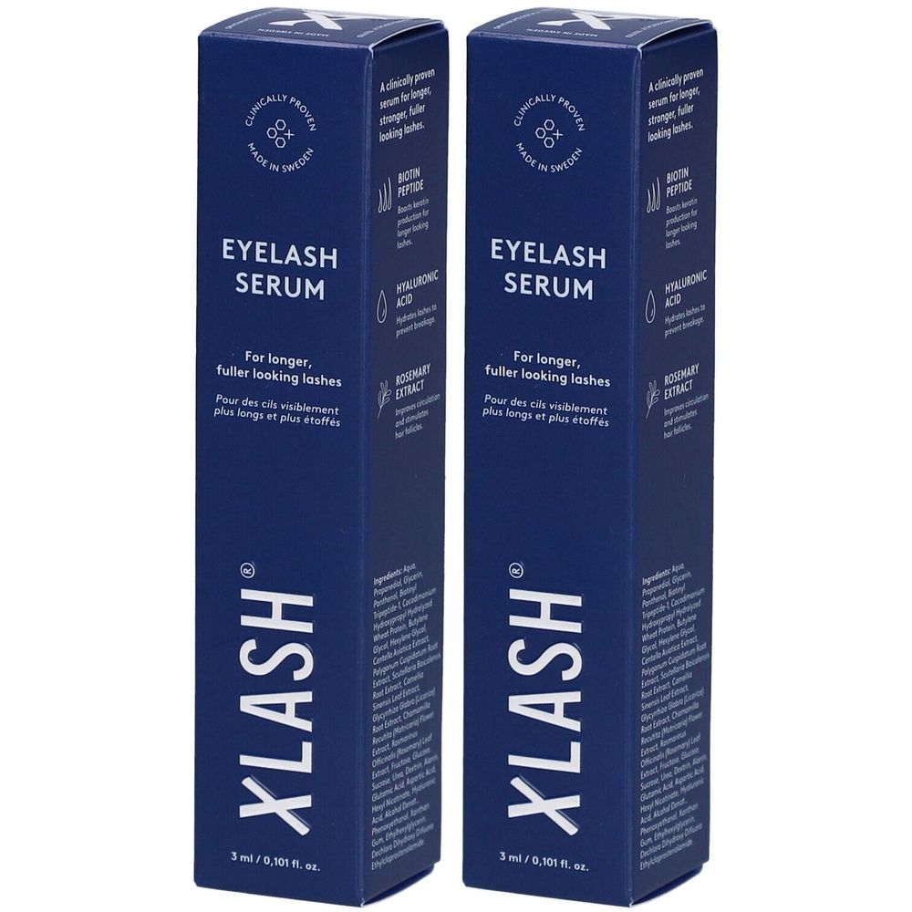 Zwei blaue Produktverpackungen mit weißer Schrift. Aufschrift: Eyelash Serum, Xlash. Für längere, vollere Wimpern. Hergestellt in Schweden.