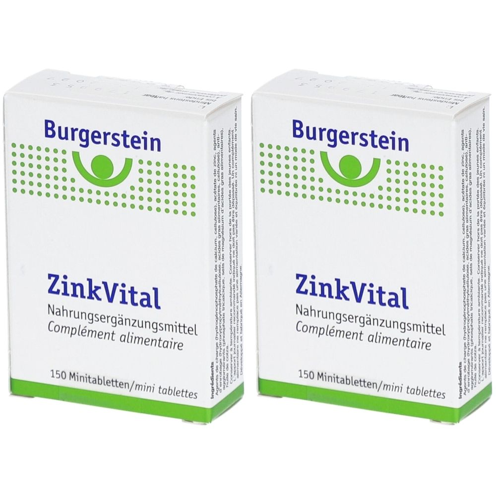 Zwei weiße Schachteln mit "Burgerstein ZinkVital". Text: Nahrungsergänzungsmittel, 150 Minitabletten. Grünes Logo.