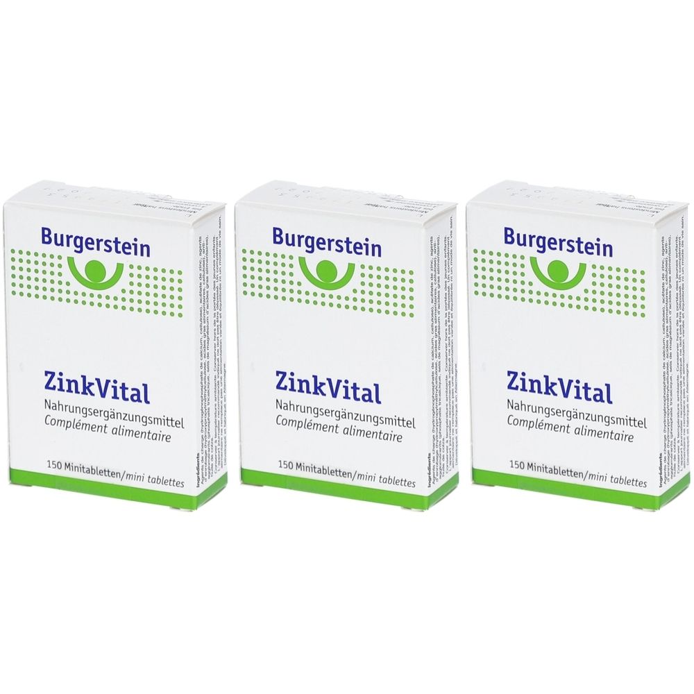 Drei weiße Schachteln mit "Burgerstein ZinkVital". Text: Nahrungsergänzungsmittel, 150 Minitabletten. Grünes Logo.