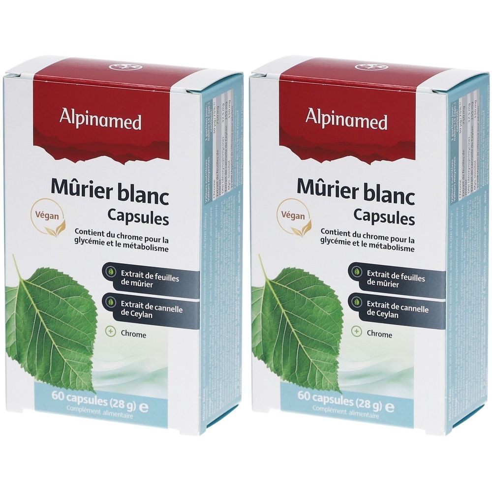 Deux boîtes de Alpinamed Mûrier blanc Capsules. Inscription : Vegan, Extrait de feuilles de mürier, Extrait de cannelle de Ceylan, Chrome.