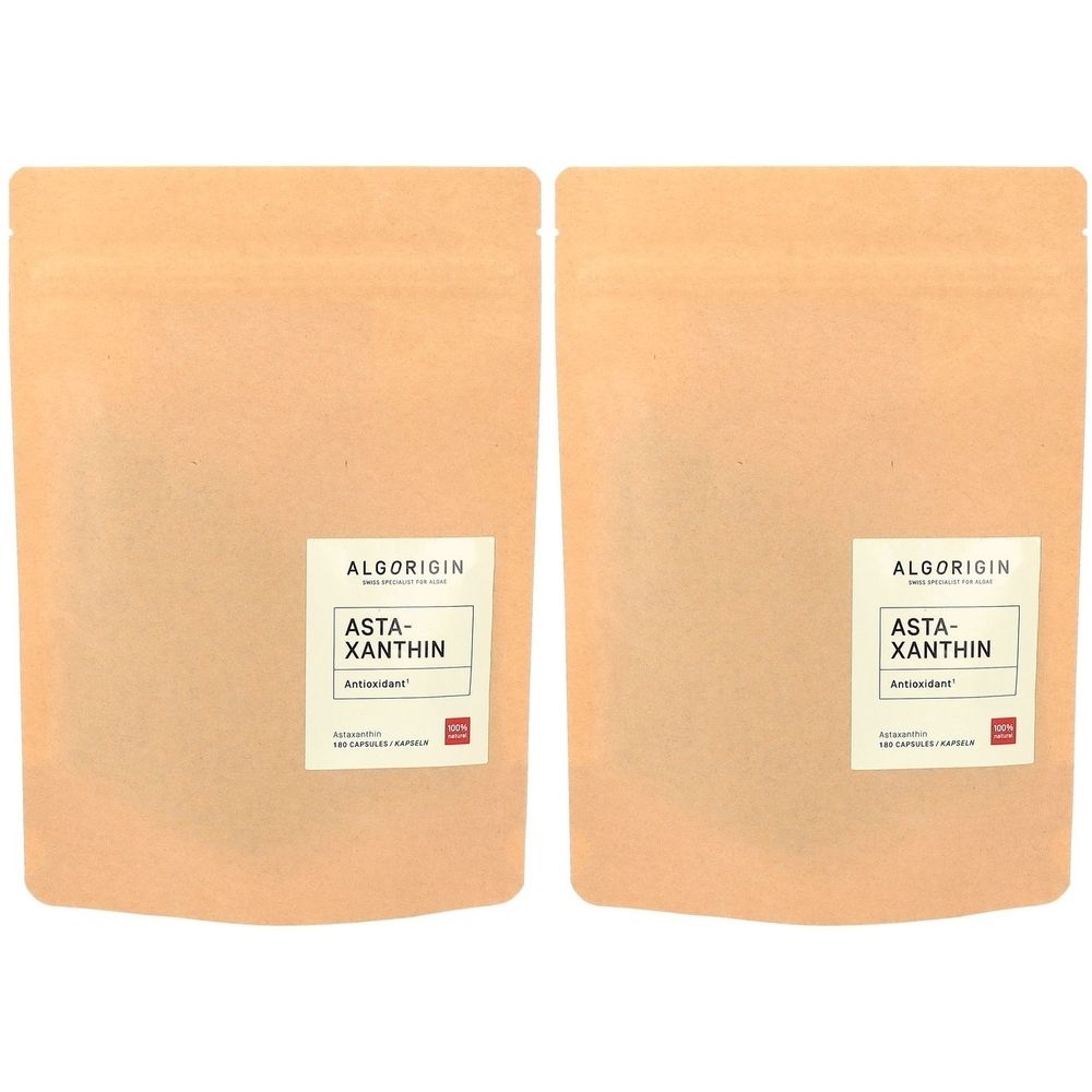 Deux sachets "ALGORIGIN ASTA-XANTHIN". Sachets en papier brun avec étiquette blanche et carré rouge.
