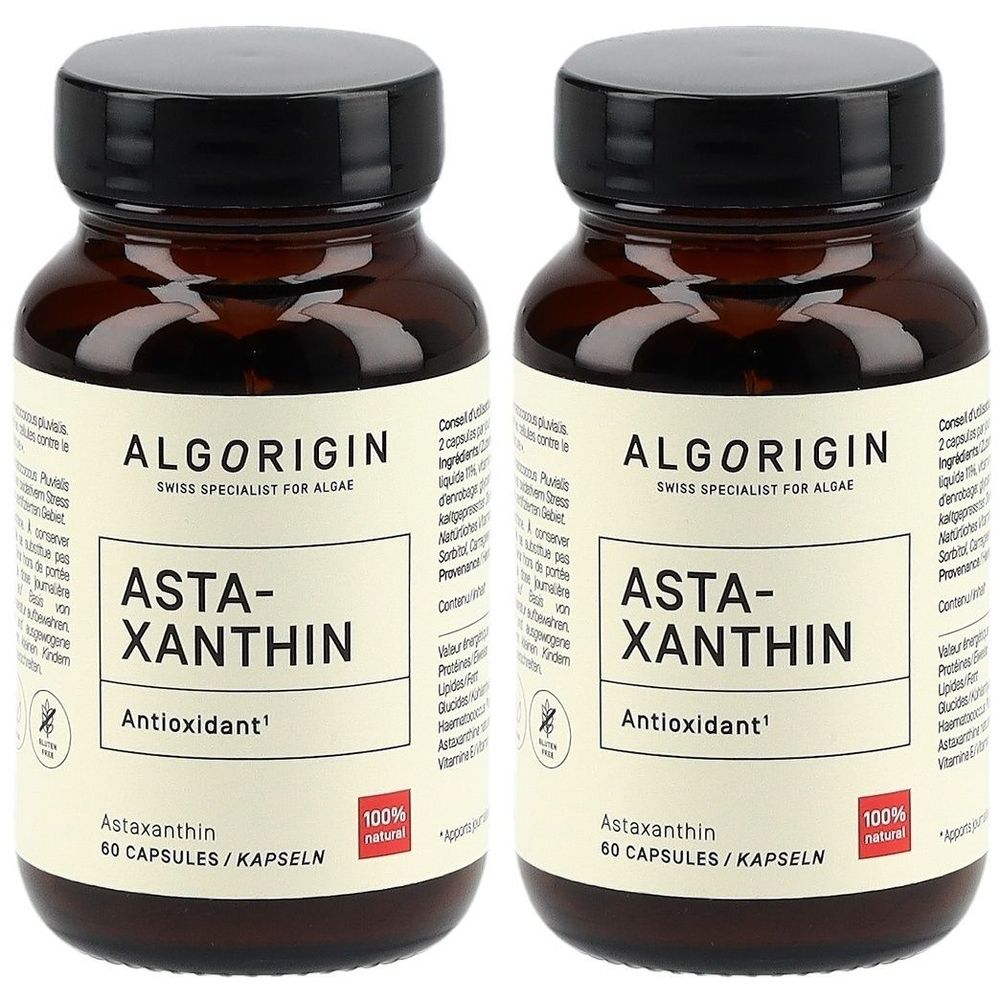 Zwei braune Flaschen mit schwarzen Deckeln. Auf den Etiketten steht "ALGORIGIN ASTA-XANTHIN Antioxidant".