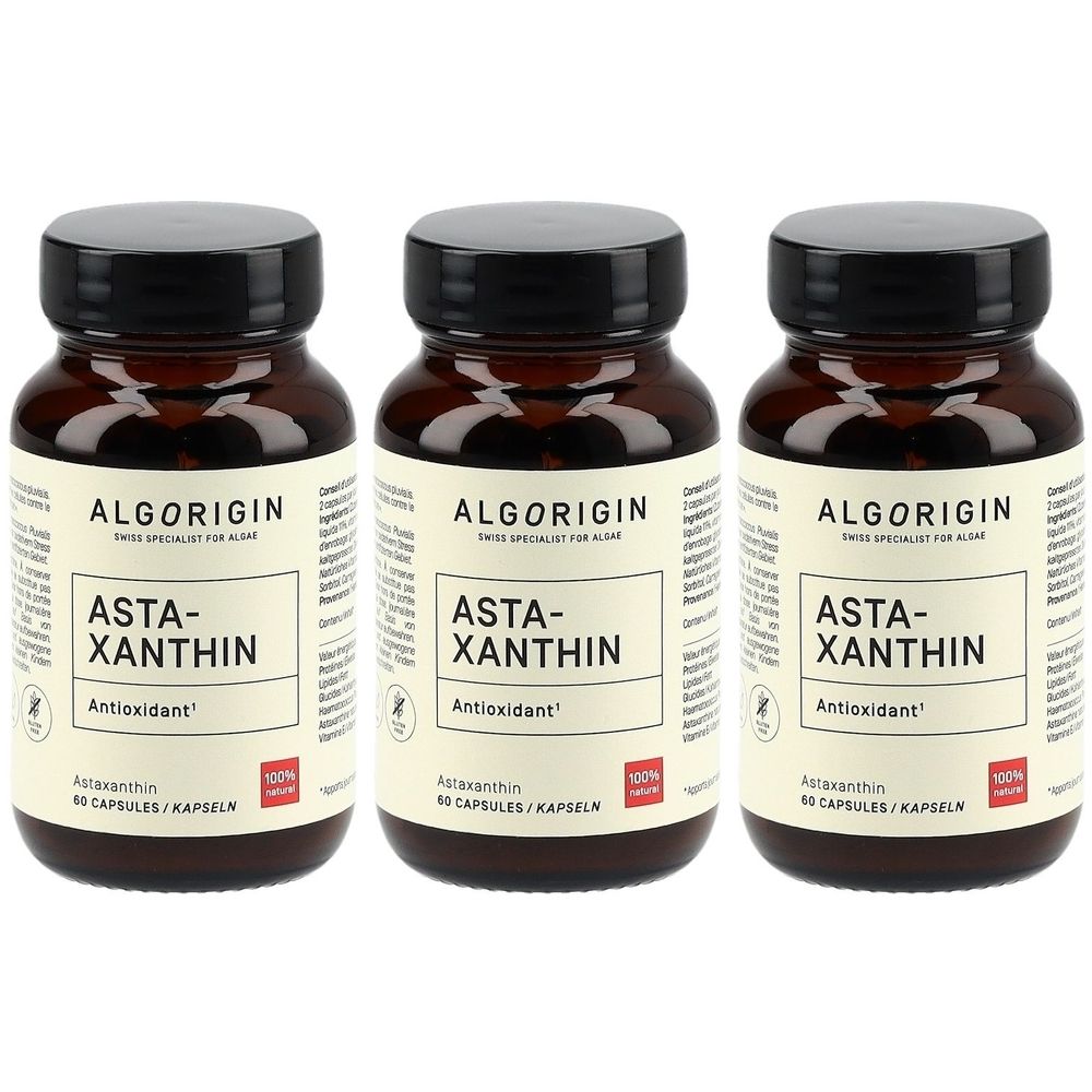 Drei braune Flaschen mit schwarzen Deckeln. Auf den Etiketten steht "ALGORIGIN ASTA-XANTHIN Antioxidant".