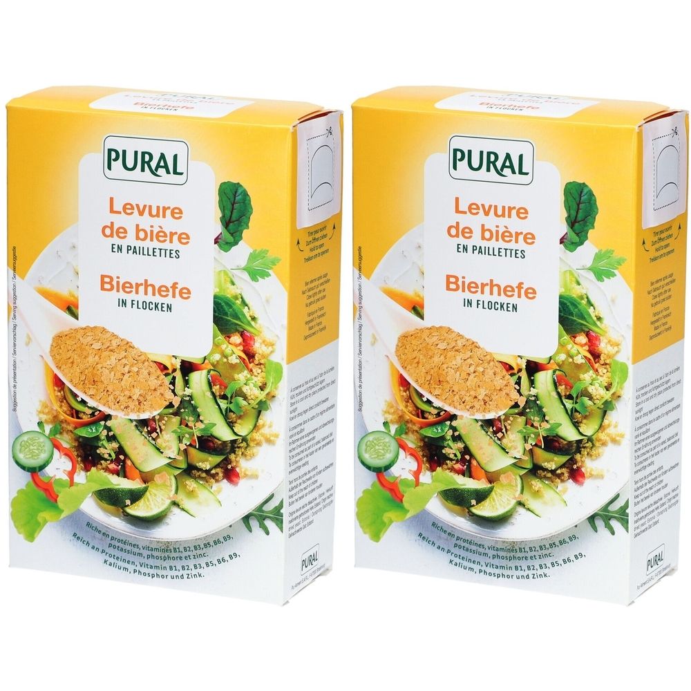 Zwei gelbe Kartons mit "PURAL Bierhefe" Aufschrift. Produktabbildung mit Salat. Text in Deutsch und Französisch.