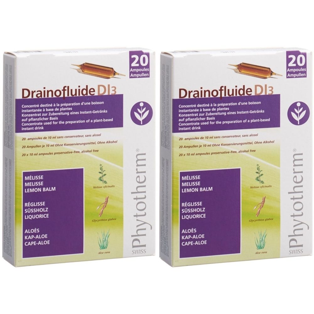 Zwei Kartons mit "Drainofluide DI3" und 20 Ampullen. Lila und grüne Elemente mit Pflanzenabbildungen. Marke: Phytotherm.
