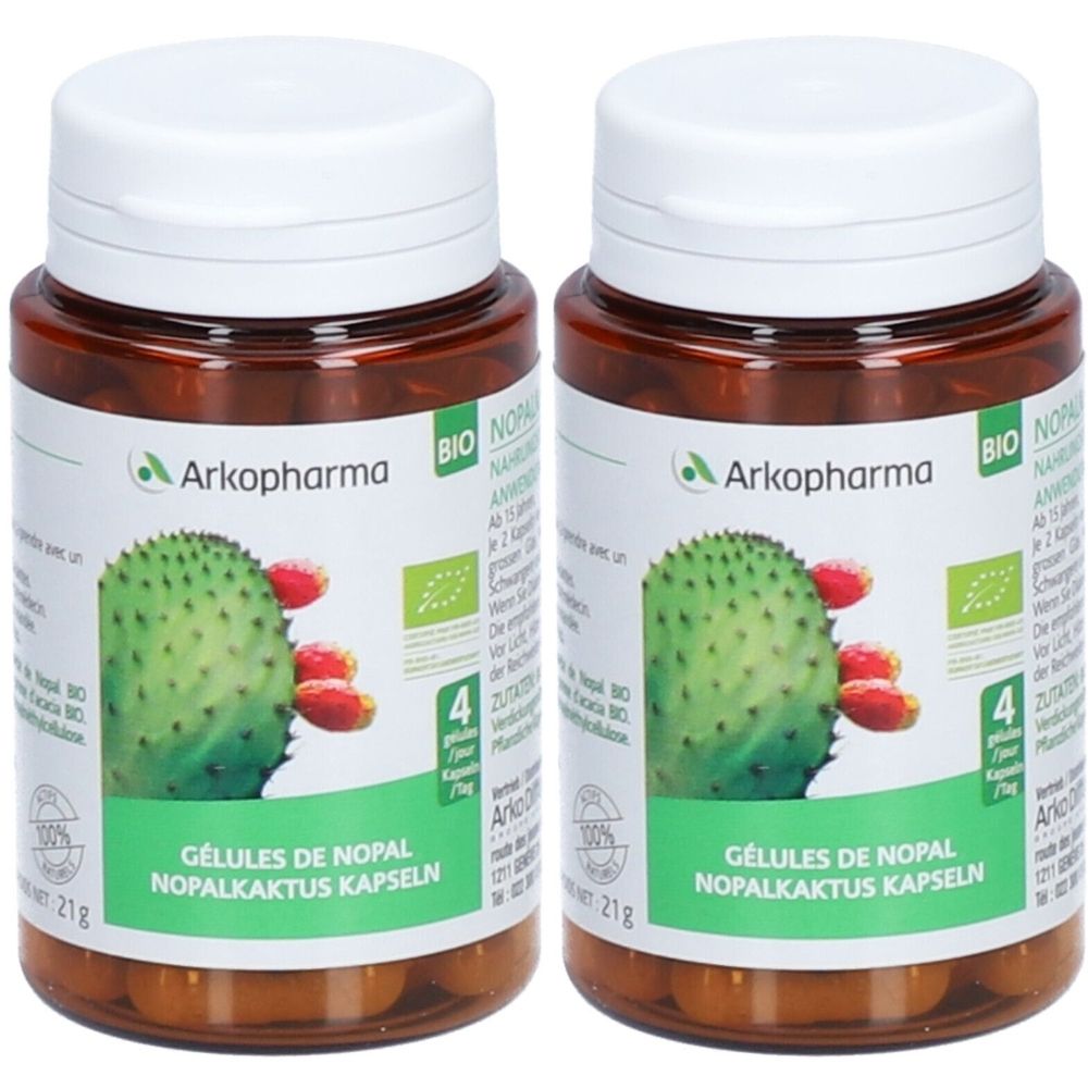 Zwei braune Flaschen mit weißen Deckeln. Auf den Etiketten steht "Arkopharma", ein Kaktus-Bild und "Gélules de Nopal".
