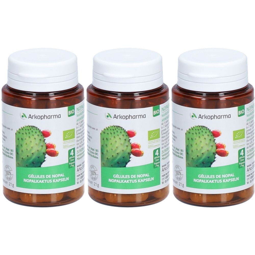 Drei braune Flaschen mit weißen Deckeln. Auf den Etiketten steht "Gélules de Nopal" und "Arkopharma". Bio-Siegel.