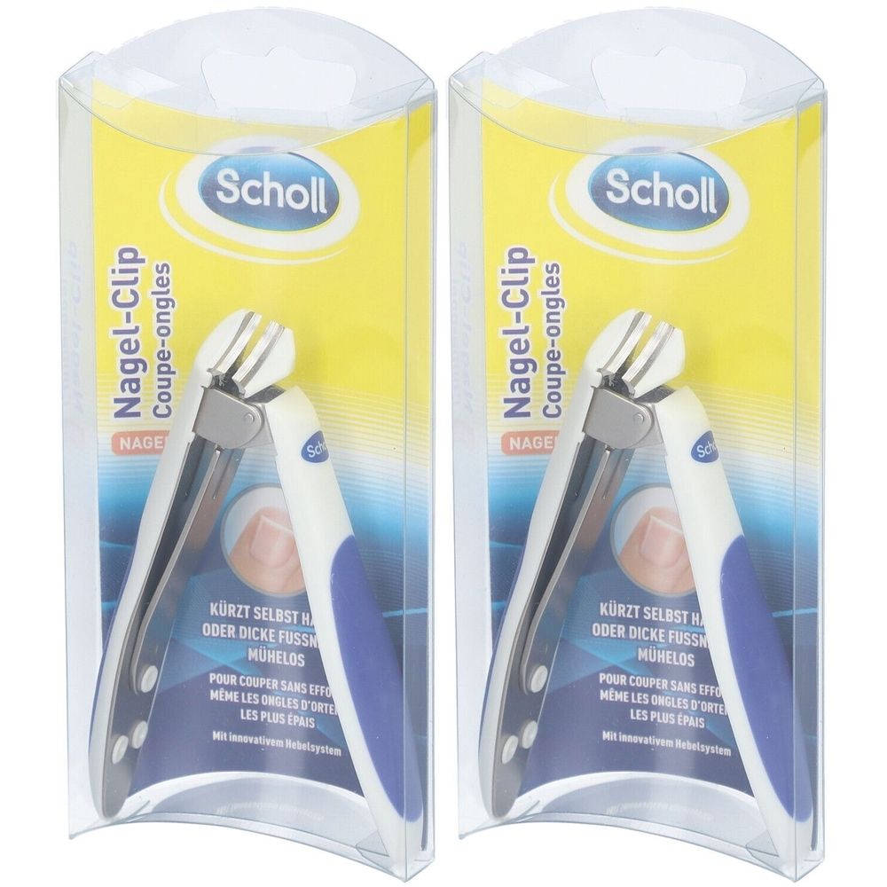 Zwei Scholl Nagel-Clip in transparenten Verpackungen. Die Clips haben weiße und blaue Griffe und silberfarbene Schneideflächen. Auf der Verpackung steht "Nagel-Clip".