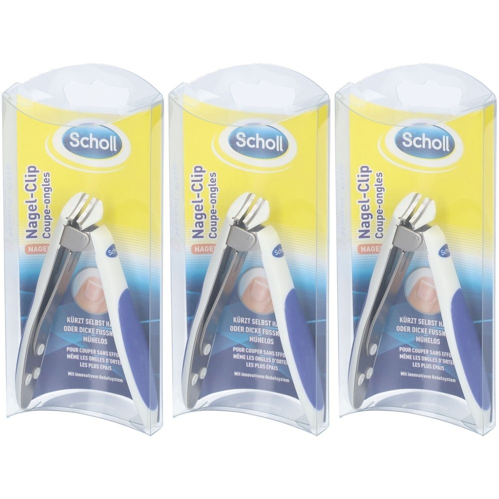 Drei Scholl Nagel-Clip in Verpackung. Metall, weiß, blau. Aufschrift: Nagel-Clip, Scholl. Für dicke Nägel.