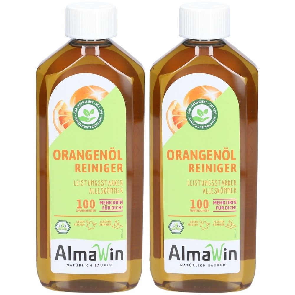 Zwei Flaschen AlmaWin Orangenöl Reiniger. Aufschrift: Orangenöl Reiniger, 100 mehr drin für dich. Mit Bio-Zertifizierung.