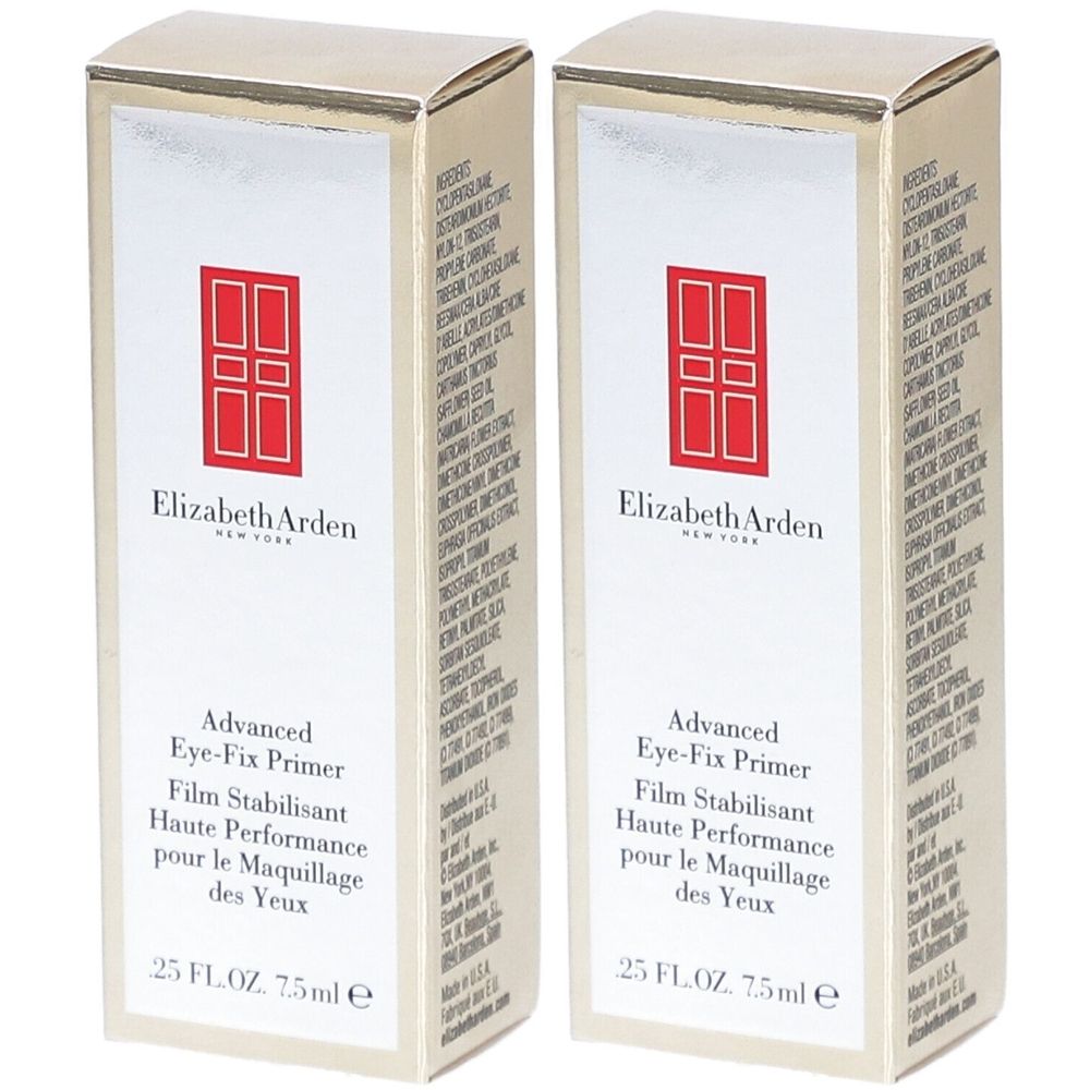 Deux boîtes de primer Elizabeth Arden Advanced Eye-Fix. Fond blanc, logo rouge, dessus doré. Texte : Film Stabilisant, Haute Performance pour le Maquillage des Yeux.