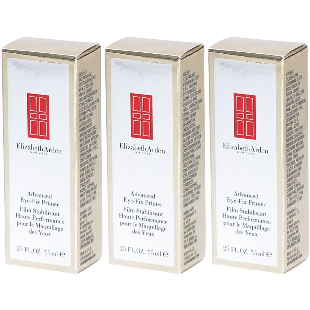 Trois boîtes de Elizabeth Arden Advanced Eye-Fix Primer. Inscription : Film Stabilisant, Haute Performance pour le Maquillage des Yeux. 25 FL.OZ 75ml e.