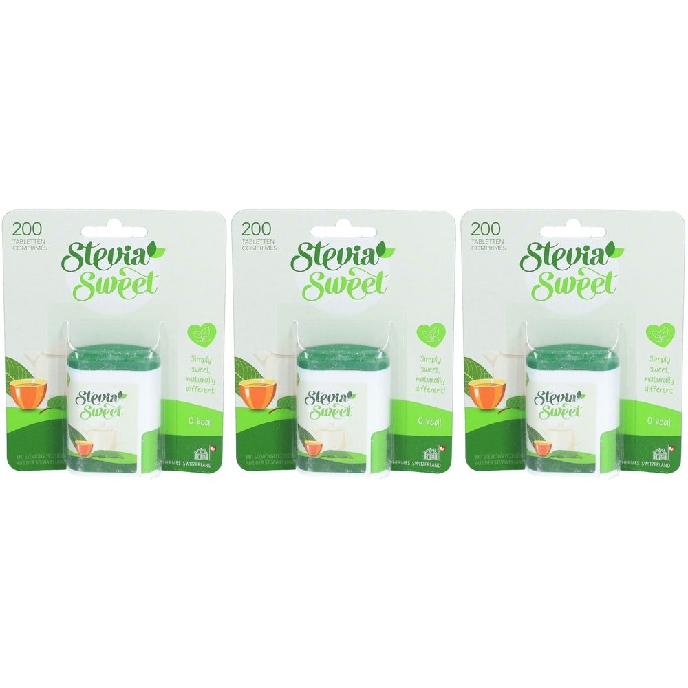 Drei Packungen SteviaSweet Süßstoff-Tabletten. Jede Packung enthält eine Dose mit grünem Deckel und eine Karte mit Produktinformationen.