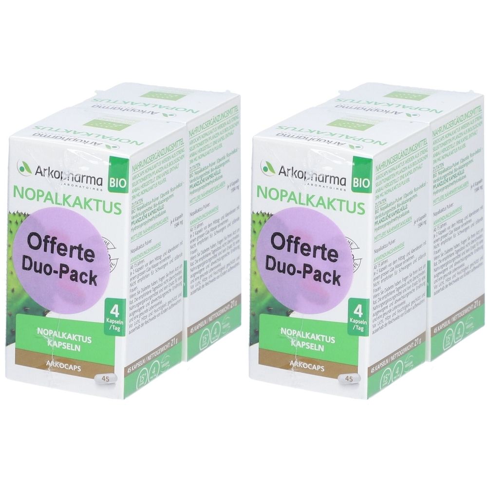 Zwei Kartons mit Arkopharma Nopalkaktus. Aufschrift: Offerte Duo-Pack. Grün-weiße Verpackung mit Logo und Produktbezeichnung.