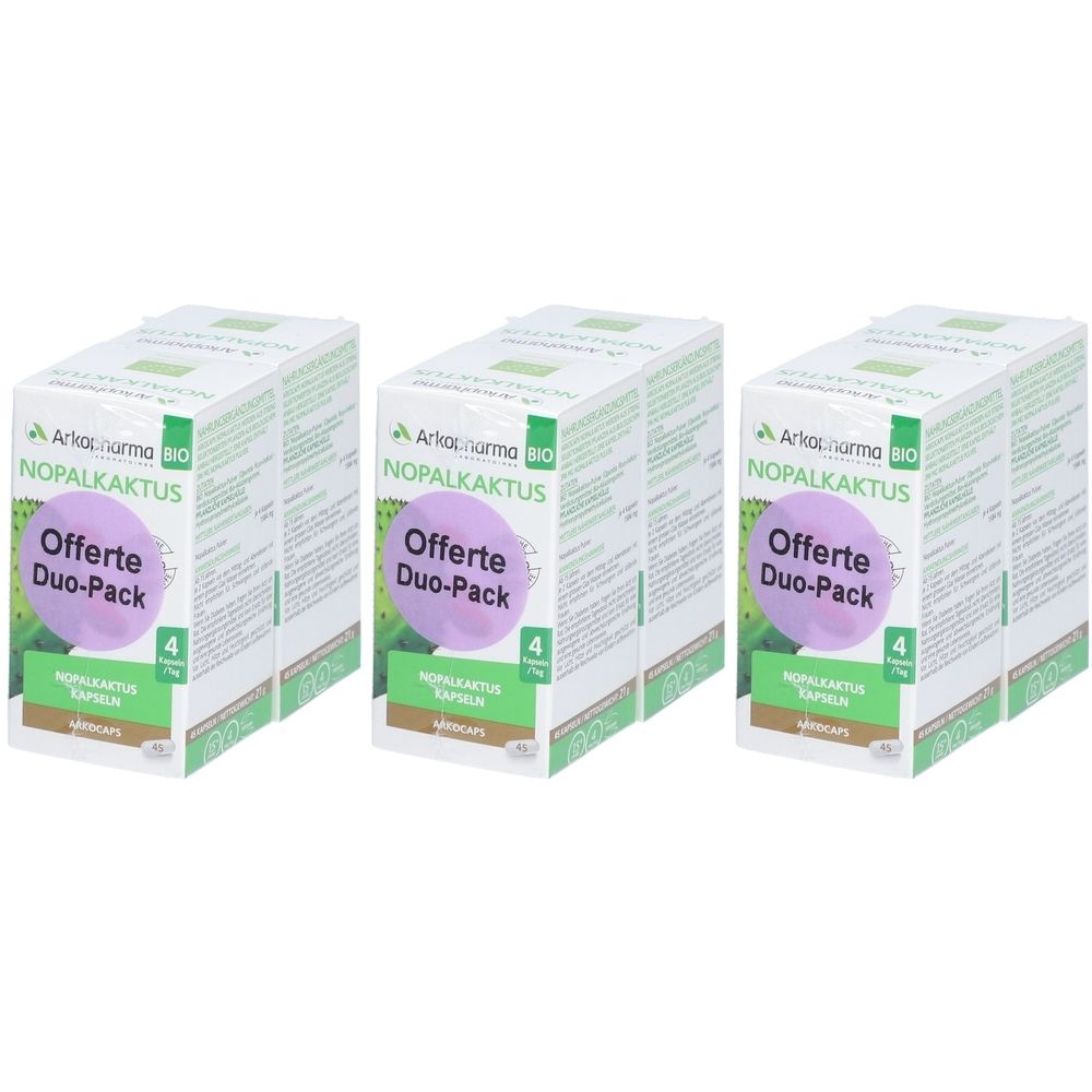 Drei Schachteln Arkopharma Nopalkaktus Duo-Pack. Aufschrift: Offerte, Nopalkaktus Kapseln. Grün-weißes Design.