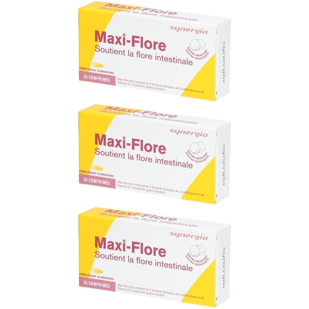 Trois boîtes de Maxi-Flore. Design jaune et blanc. Inscription : "Soutient la flore intestinale". Marque : synergia. 30 comprimés.