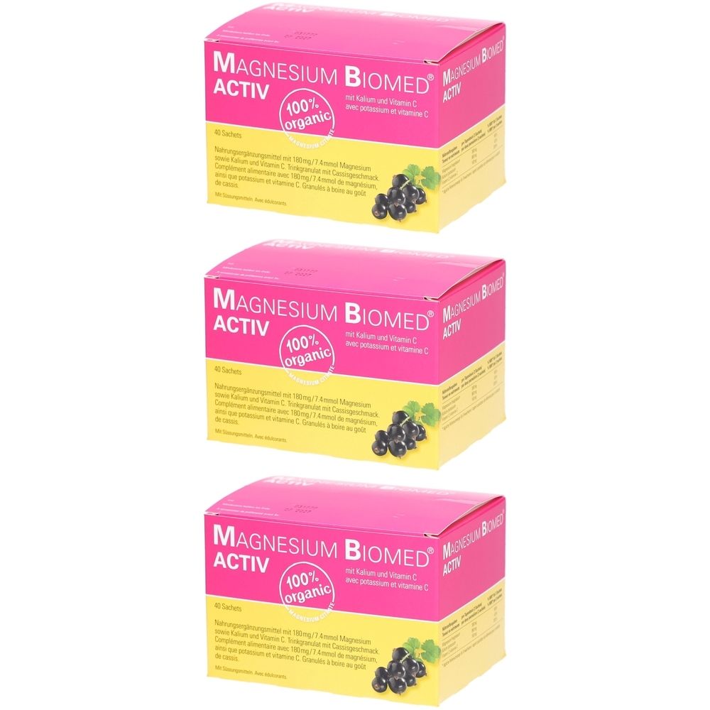 Drei Packungen Magnesium Biomed Activ. Rosa Verpackung mit Produktnamen und Logo. Abbildung von Johannisbeeren.
