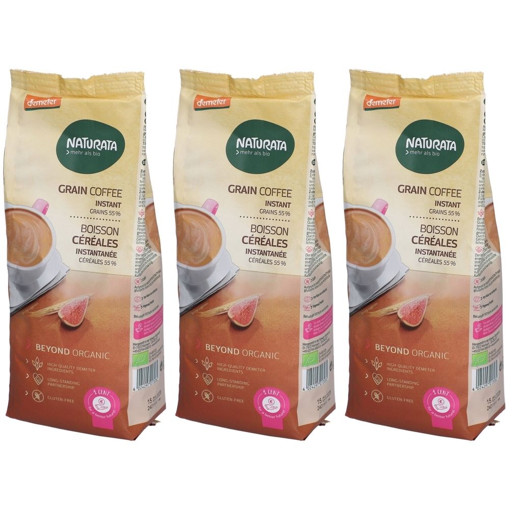 Drei Beutel Getreidekaffee. Aufdruck: Naturata, Grain Coffee, Instant, Boisson Céréales, Beyond Organic. Demeter-Siegel.