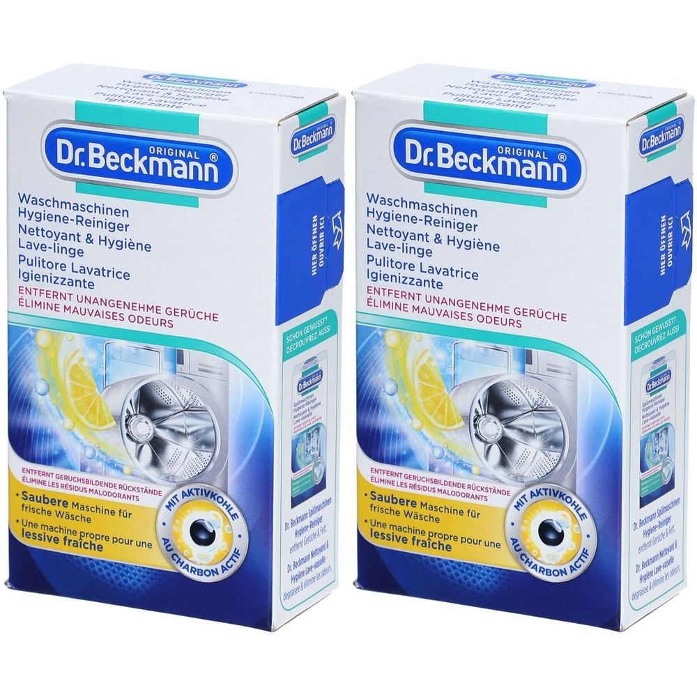 Deux boîtes de nettoyant hygiène pour lave-linge Dr. Beckmann. Emballage blanc avec accents bleus et verts. Nom du produit et illustration de machine.