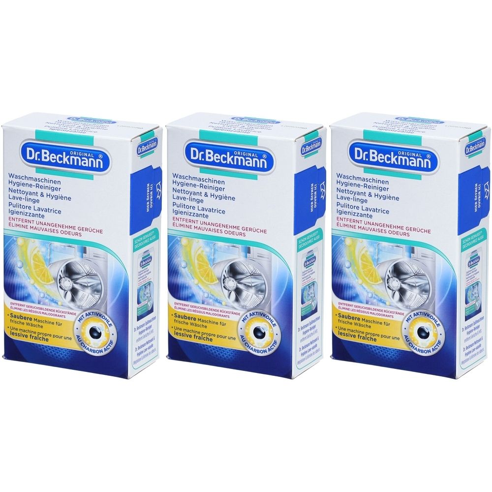 Trois boîtes de nettoyant pour lave-linge Dr. Beckmann. Emballage bleu et blanc avec nom du produit et illustration de machine.