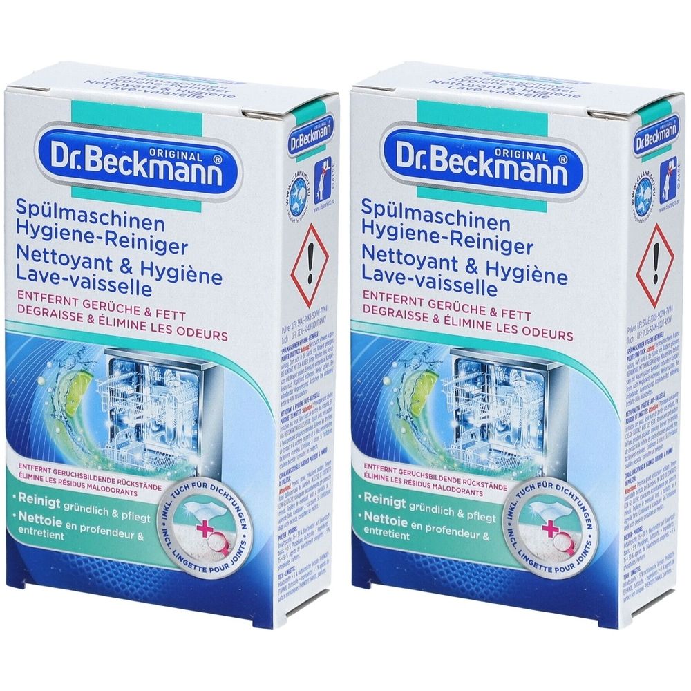 Zwei Kartons Dr. Beckmann Spülmaschinen Hygiene-Reiniger. Text: Reinigt gründlich & pflegt, entfernt Gerüche & Fett.