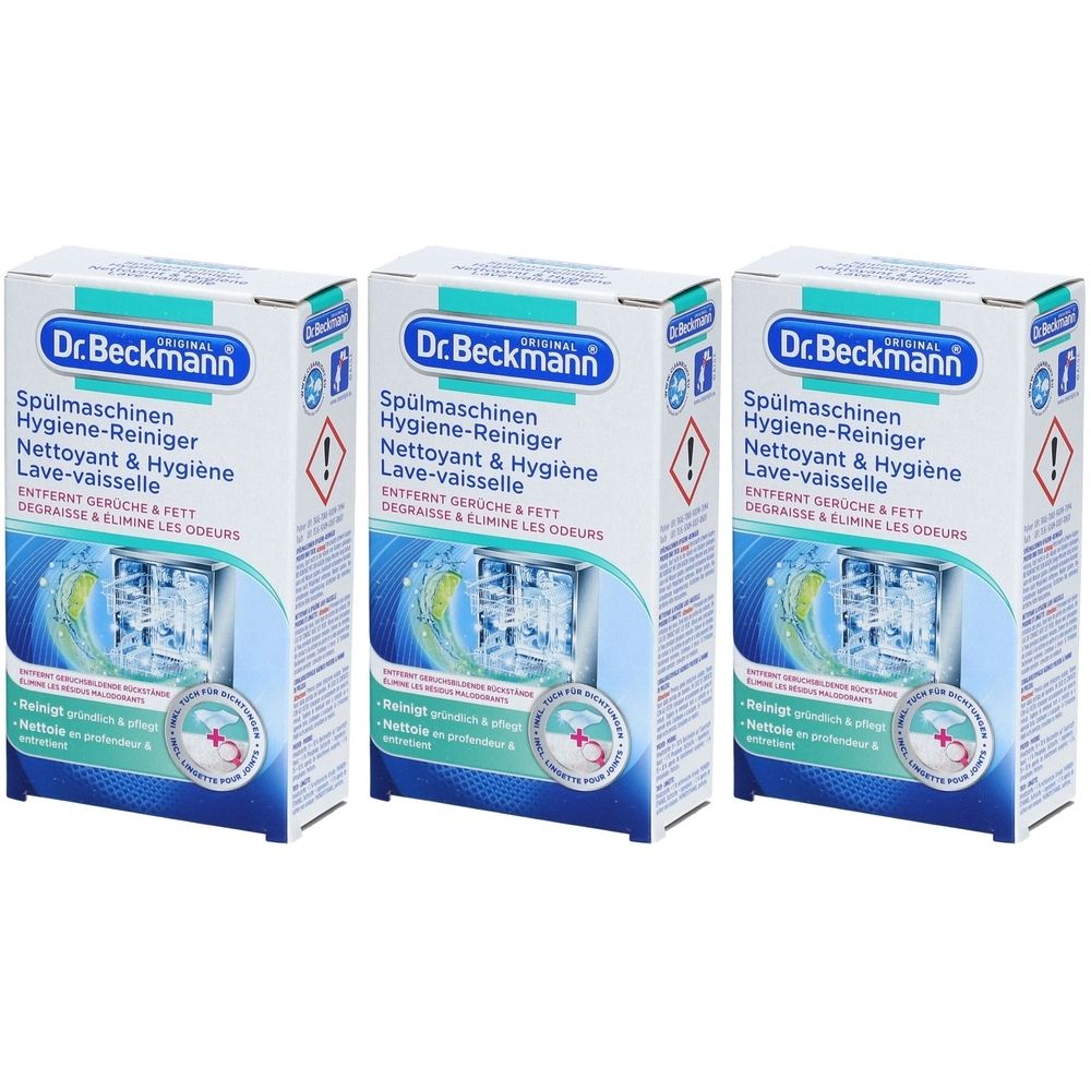 Drei Kartons mit Produktaufdruck. Aufschrift: Dr. Beckmann Spülmaschinen Hygiene-Reiniger. Blaue und weiße Verpackung.