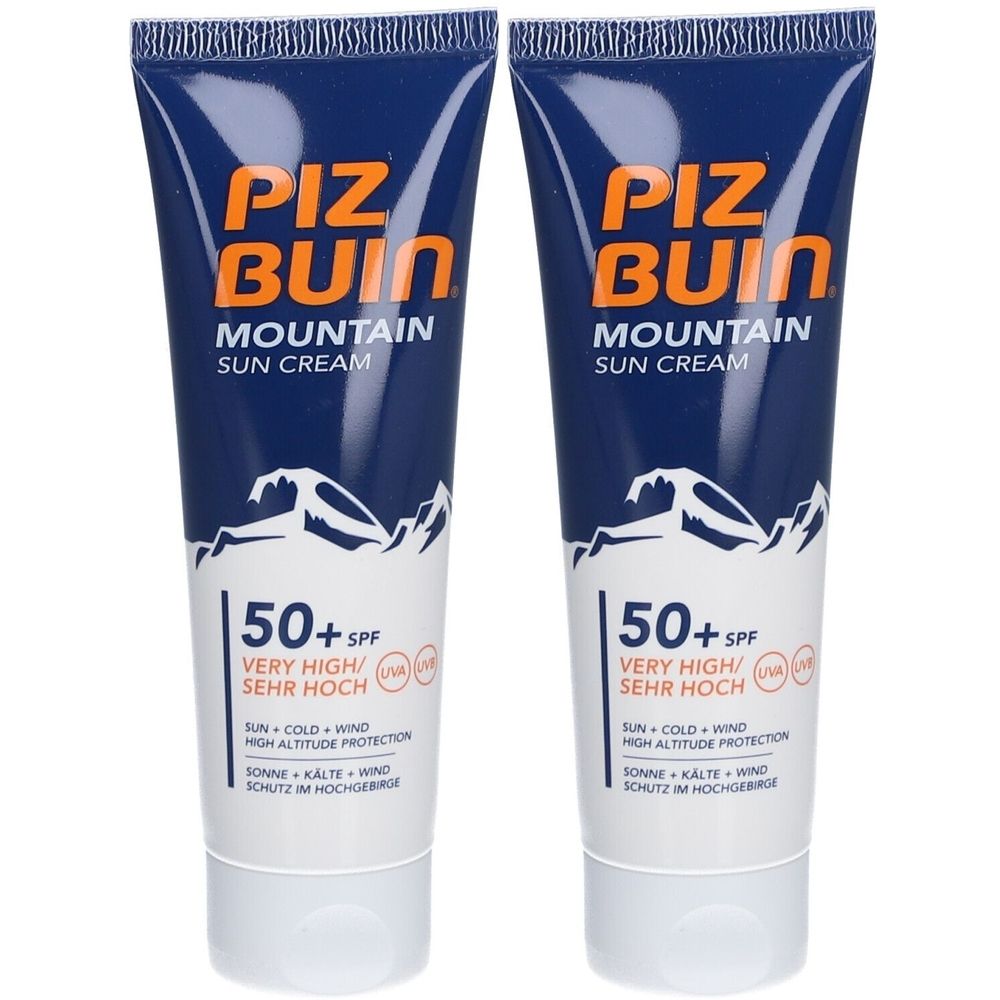 Zwei Tuben Piz Buin Mountain Sonnencreme SPF50+. Blaue Tuben mit weißer Schrift. Text: Sehr hoher Schutz, Schutz vor Sonne, Kälte und Wind.