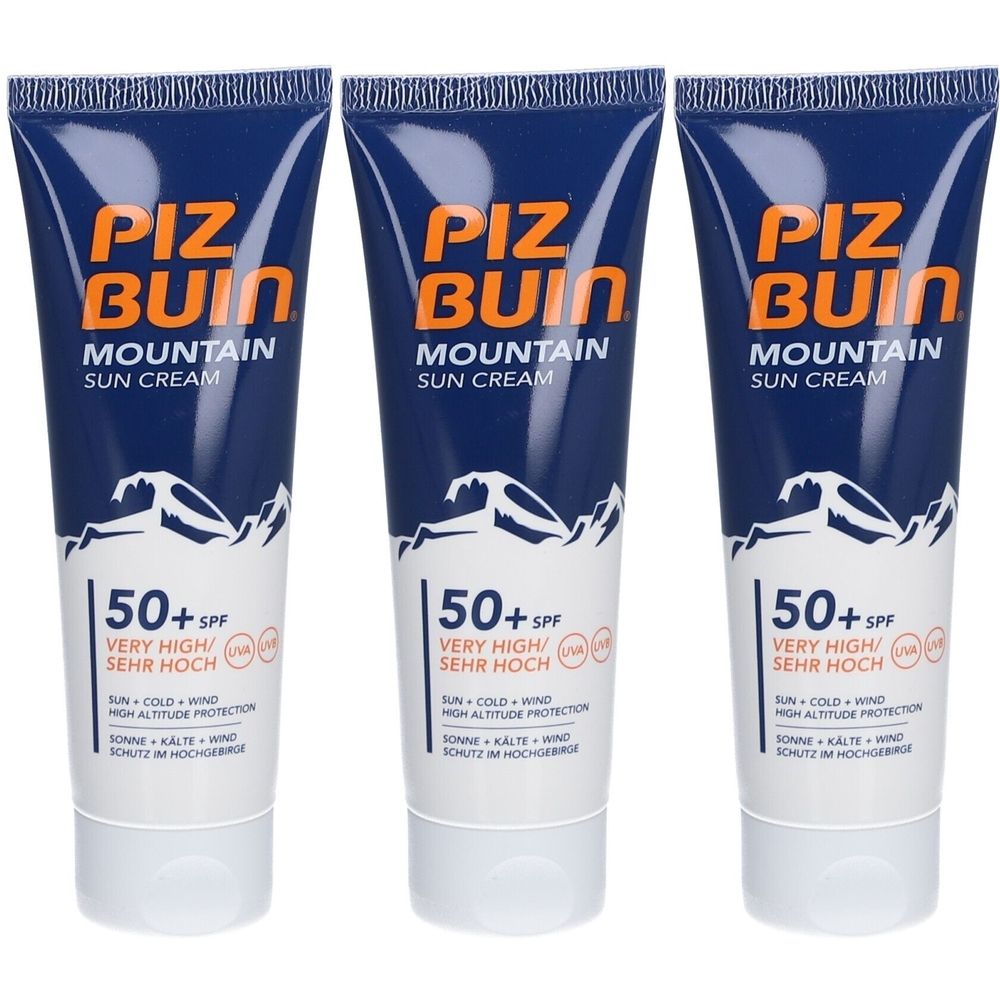 Drei Tuben Piz Buin Mountain Sonnencreme. Blaue Tube mit weißem Deckel. Aufschrift: 50+ SPF, sehr hoher Schutz.