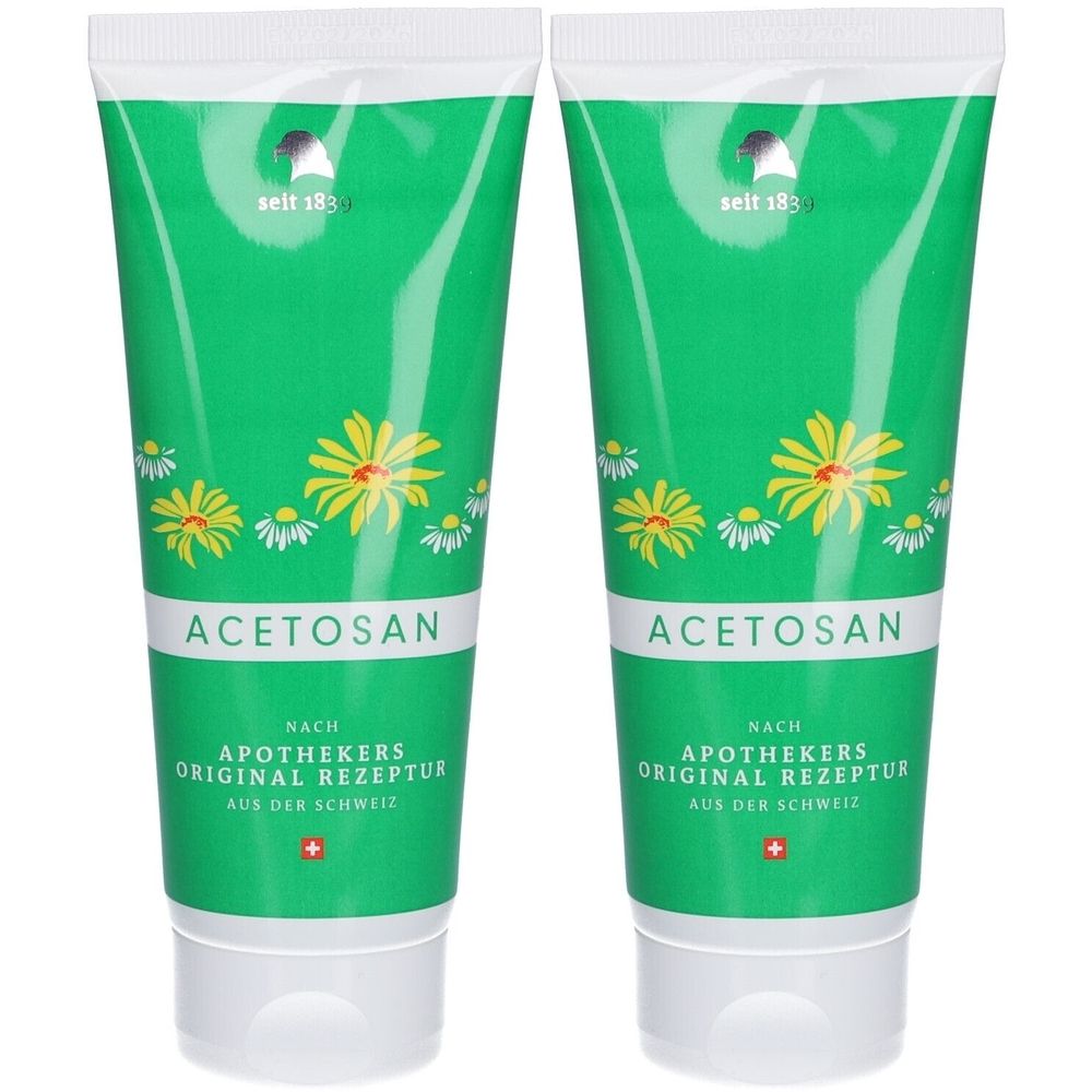 Deux tubes d'Acetosan. Design vert et blanc avec des fleurs de camomille. Texte : Acetosan, Original Rezeptur, de Suisse.
