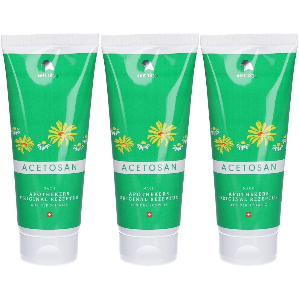 Trois tubes verts avec bouchon blanc. Inscription: Acetosan, Original Rezeptur des pharmaciens. Croix suisse.