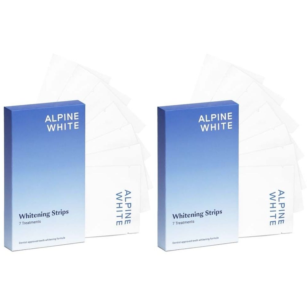 Zwei Schachteln mit "ALPINE WHITE Whitening Strips". Auf jeder Schachtel steht "Whitening Strips" und "7 Treatments". Daneben liegen einzelne Streifen.