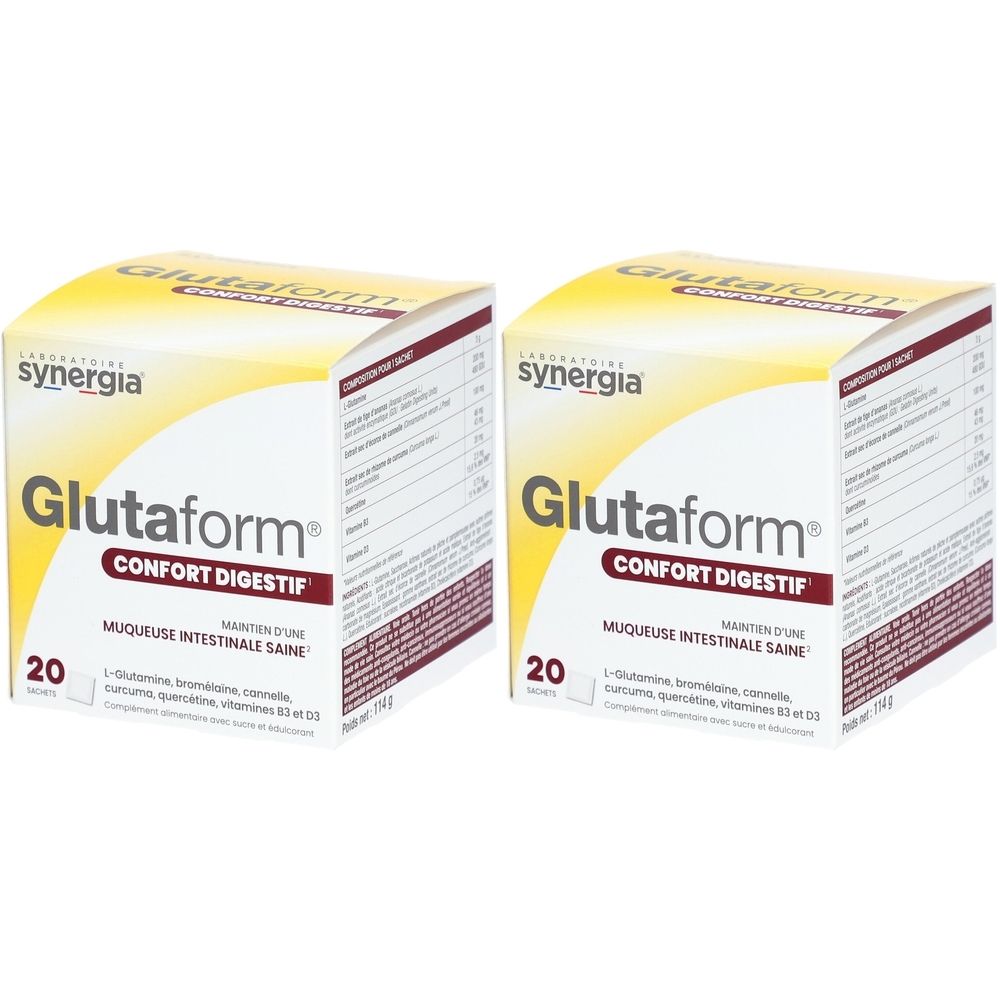 Deux boîtes de SYNERGIA® Glutaform® Confort Digestif. Emballage jaune et blanc avec nom du produit et informations. 20 sachets.