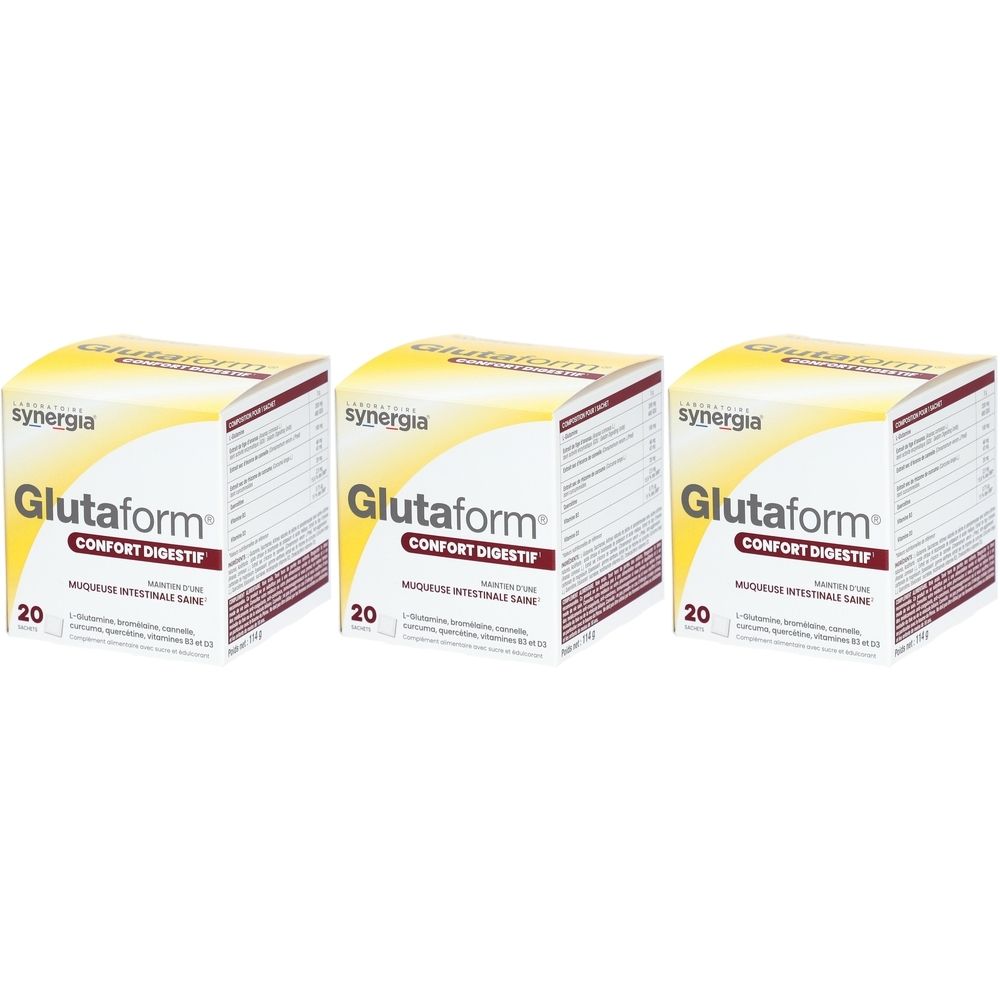 Drei Schachteln SYNERGIA® Glutaform® Digestive Comfort. Aufdruck: Glutaform, Confort Digestif, 20 Stück.