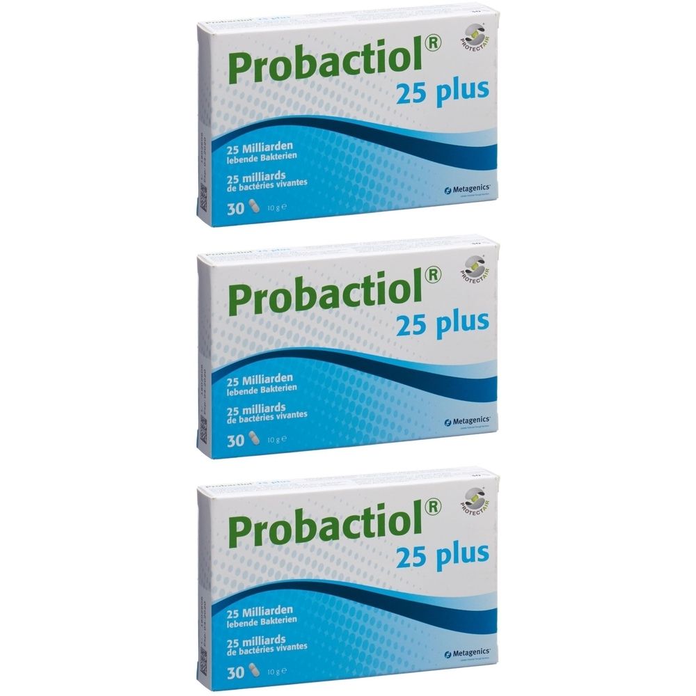 Trois boîtes de Probactiol® 25 plus. Chaque boîte indique 25 milliards et 30%.