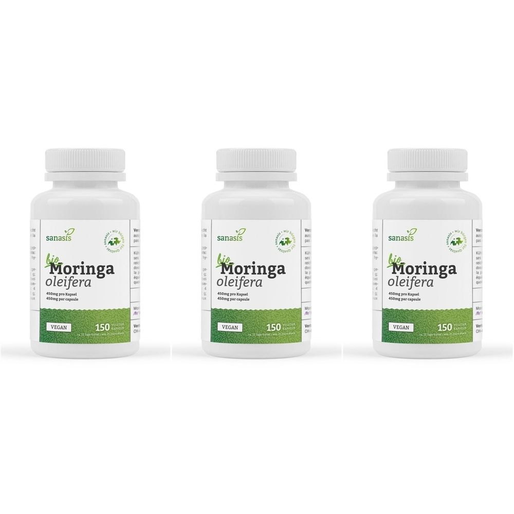 Drei weiße Flaschen mit Schraubverschluss. Auf jeder Flasche steht "Moringa oleifera" und "150".