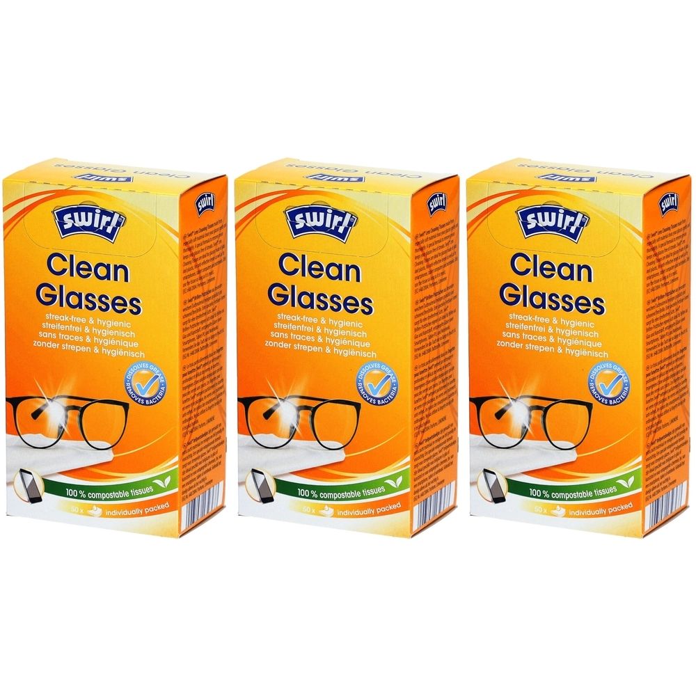 Drei Packungen Brillenputztücher. Aufdruck: SWIRL Clean Glasses. Gelbe Verpackung mit Brillenabbildung.
