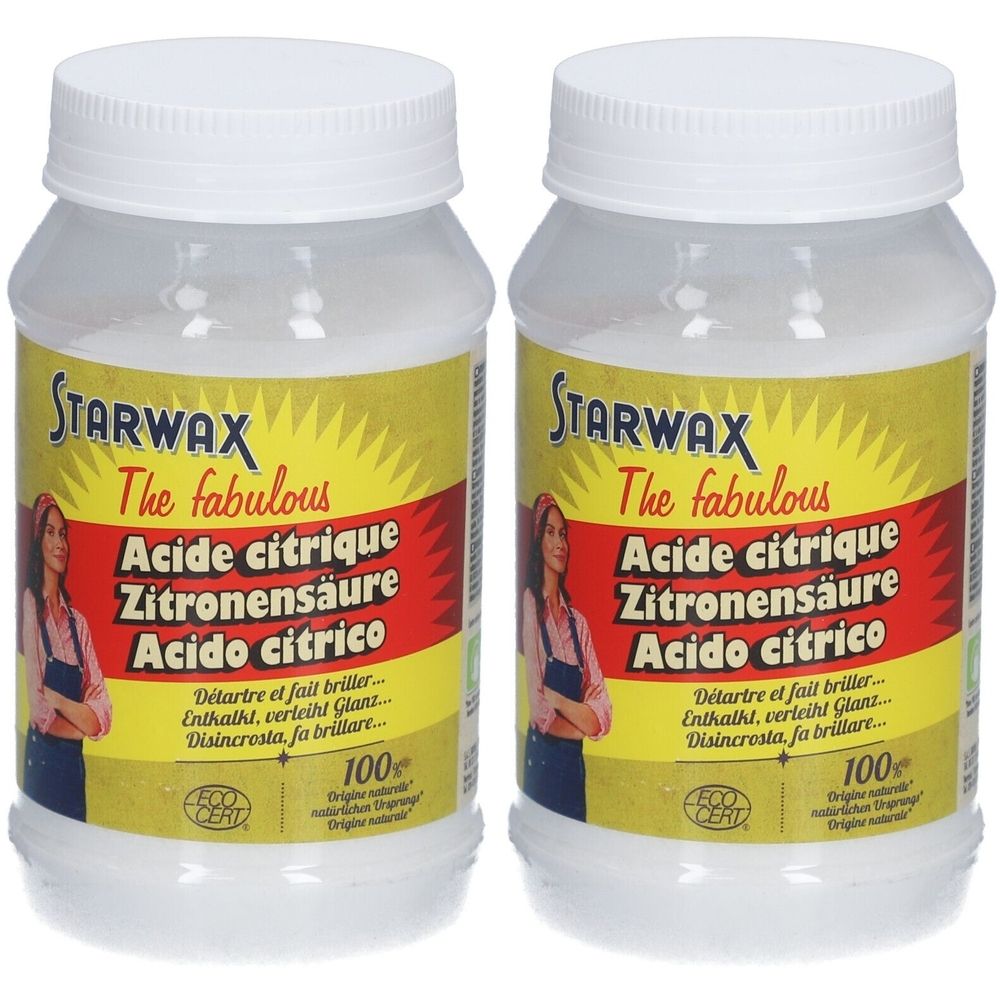 Zwei Flaschen STARWAX Zitronensäure. Weiße Deckel, gelbe Etiketten mit Produktnamen und Inhaltsangaben in mehreren Sprachen. ECO CERT Logo.