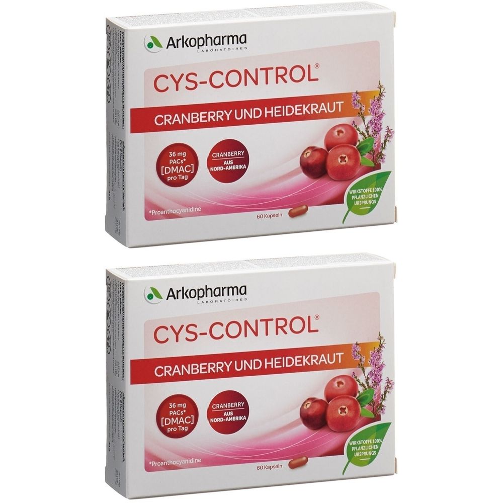 Deux boîtes de Cys-Control. Inscription CYS-CONTROL, Cranberry und Heidekraut. Illustration de canneberges et de fleurs.