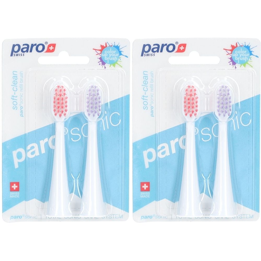 Zwei Packungen mit paro® Sonic Ersatz-Zahnbürstenköpfen. Jede Packung enthält zwei Bürstenköpfe mit farbigen Borsten.