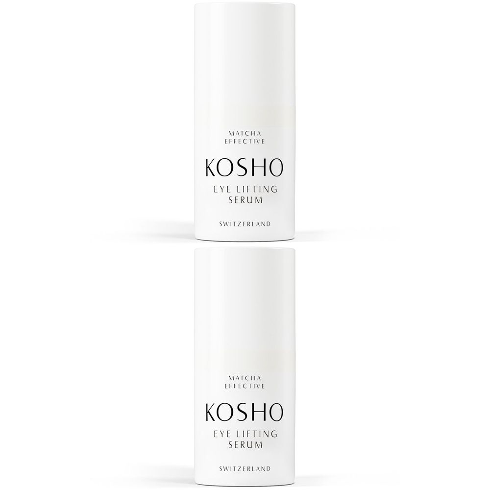 Deux flacons blancs. Sur chacun, "KOSHO EYE LIFTING SERUM" et "SWITZERLAND" sont inscrits.