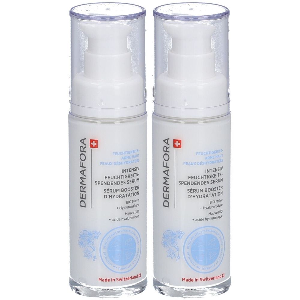 Zwei weiße Flaschen mit Pumpverschluss. Aufschrift: DERMAFORA, Intensiv feuchtigkeitsspendendes Serum. Schweizer Kreuz.