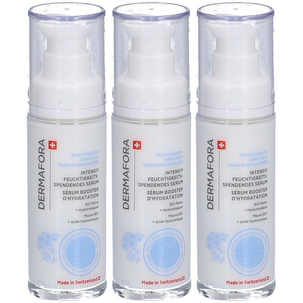 Drei weiße Flaschen mit Pumpaufsatz. Aufschrift: DERMAFORA, Intensiv feuchtigkeitsspendendes Serum. Schweizer Kreuz.