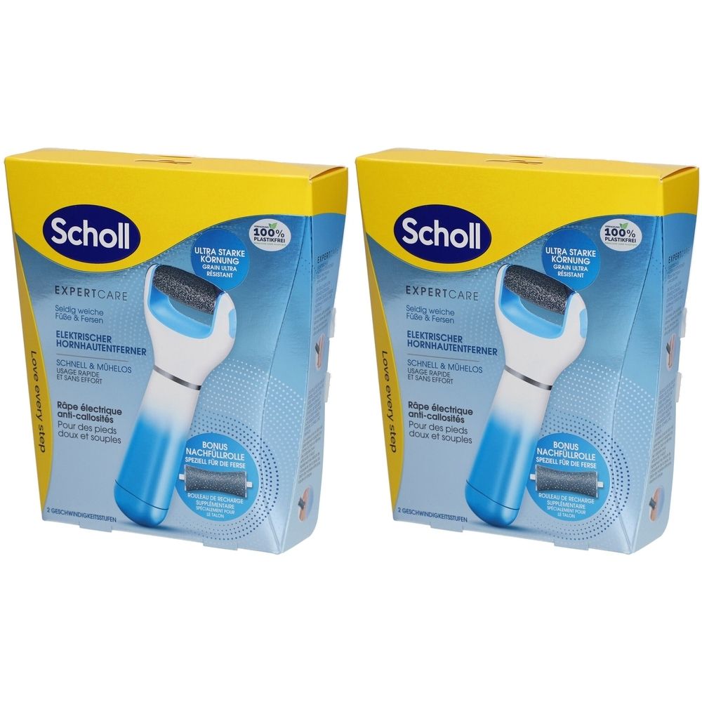 Zwei Scholl ExpertCare Verpackungen. Gelbe und blaue Kartons mit Produktabbildung und Schriftzügen. Aufschrift: Elektrischer Hornhautentferner.