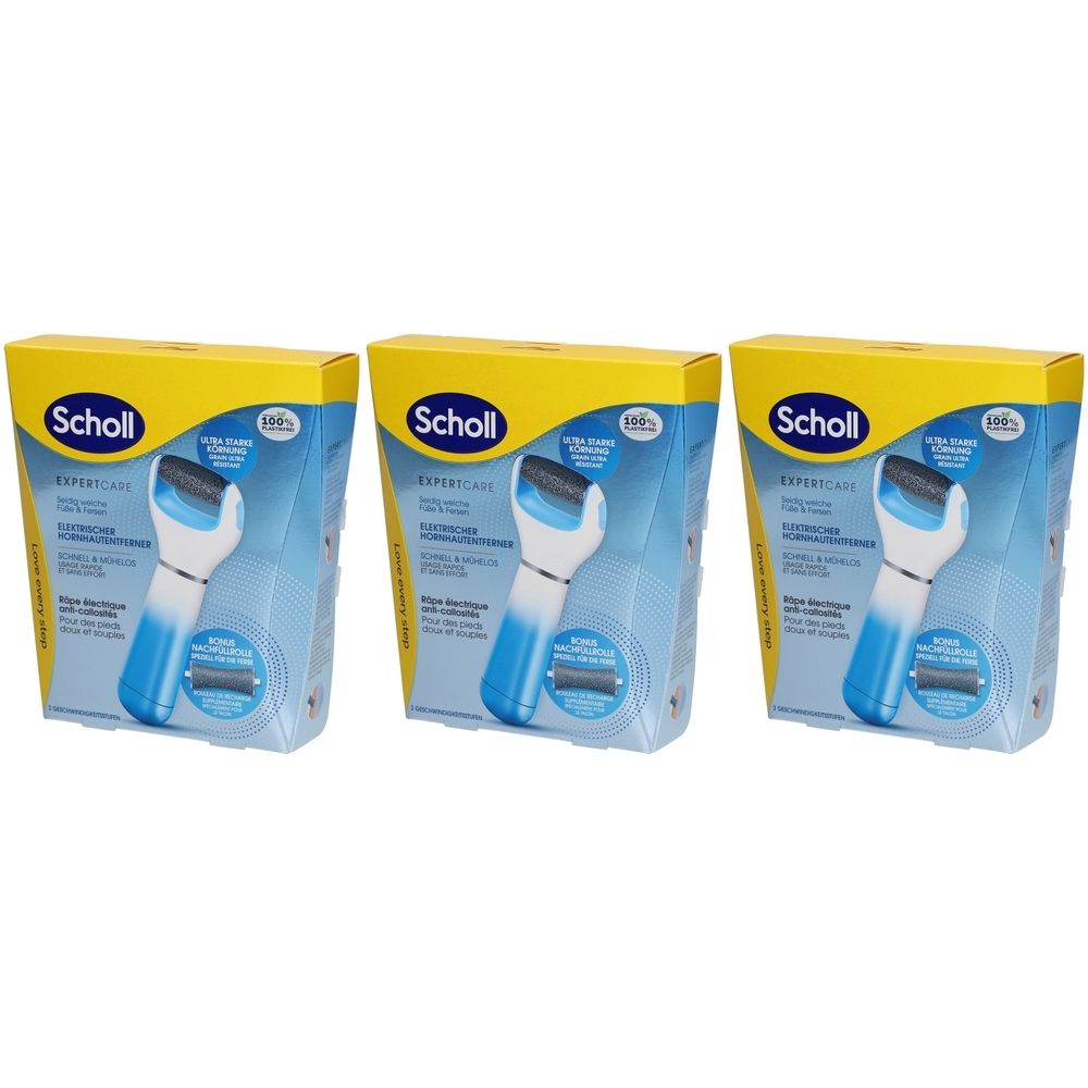 Drei Scholl ExpertCare Fussfeile-Verpackungen. Gelb-blaue Kartons mit Produktabbildung und Schriftzug.