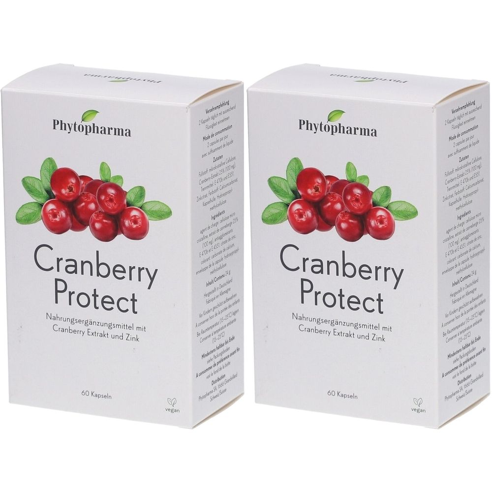 Zwei weiße Kartons mit Cranberry-Abbildung und Schriftzug Cranberry Protect. Marke: Phytopharma.