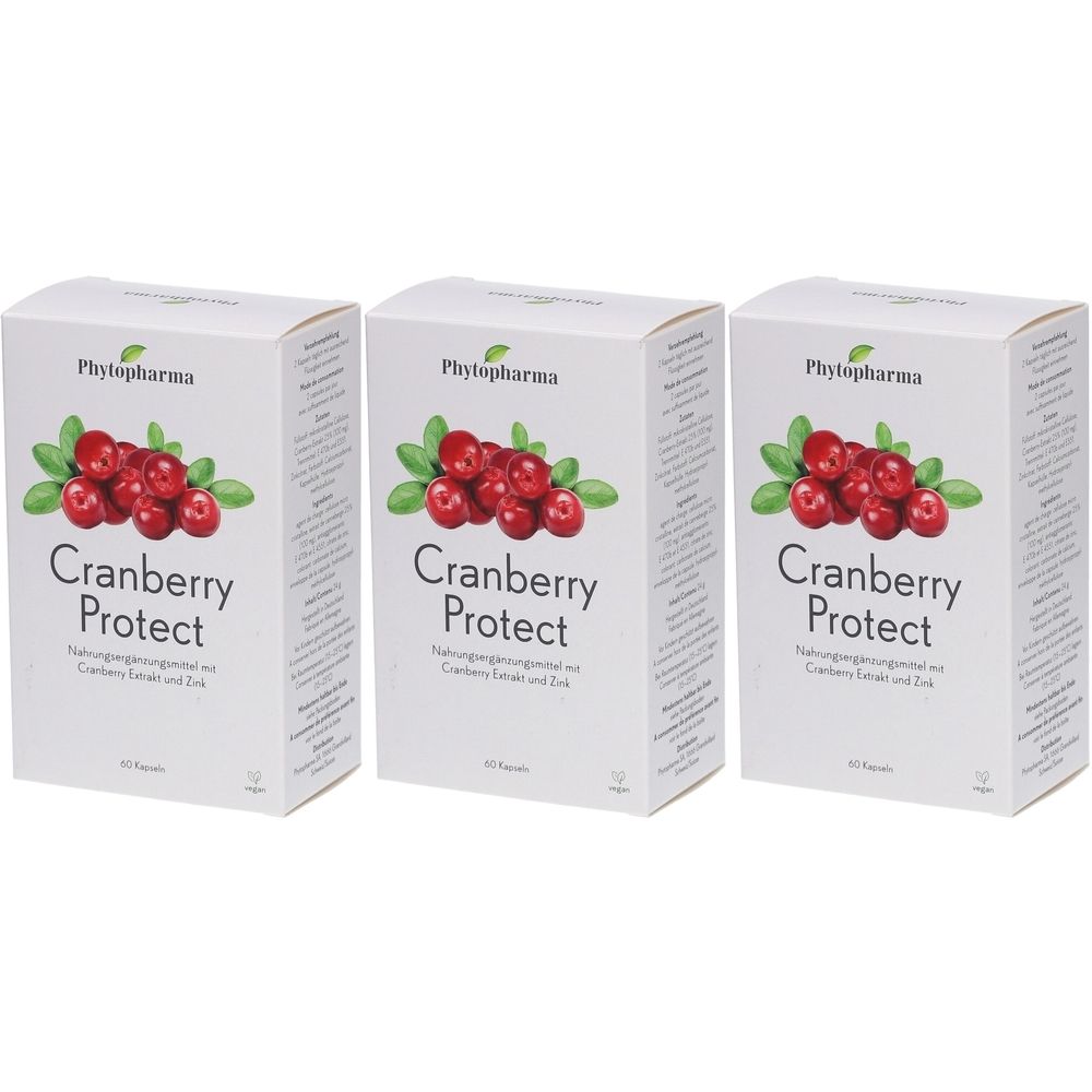 Drei weiße Kartons mit "Phytopharma Cranberry Protect"-Aufdruck und Cranberry-Abbildung. Vegan-Logo.