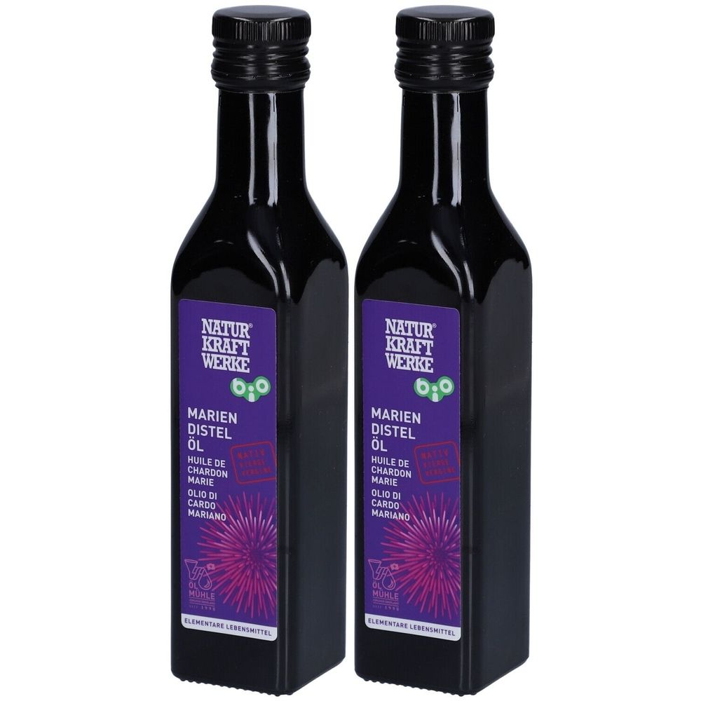 Zwei schwarze Flaschen mit lila Etiketten. Aufschrift: NATUR KRAFT WERKE, Mariendistel Öl, Huile de chardon Marie, Olio di cardo mariano.