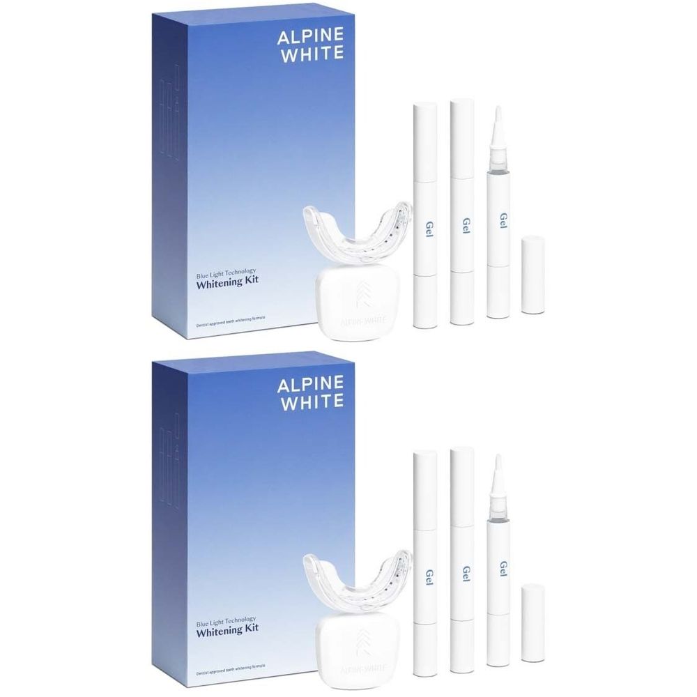 Zahnaufhellungsset mit blauer Box, Aufhellungs-Gel-Stiften, Mundschiene und Halterung. "ALPINE WHITE" Schriftzug.