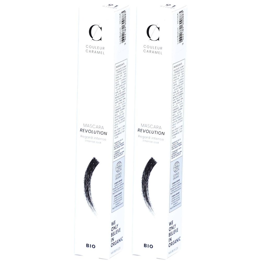 Deux boîtes de mascara. Inscription: COULEUR CARAMEL, Mascara Revolution, regard intense. Certification bio.